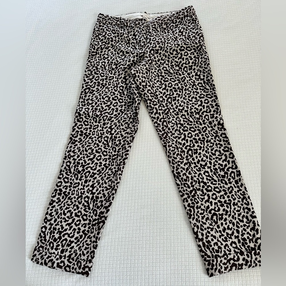 J Crew Cafe Capri Leopard Print 100% Linen Pants Size 8 New Without Tag
